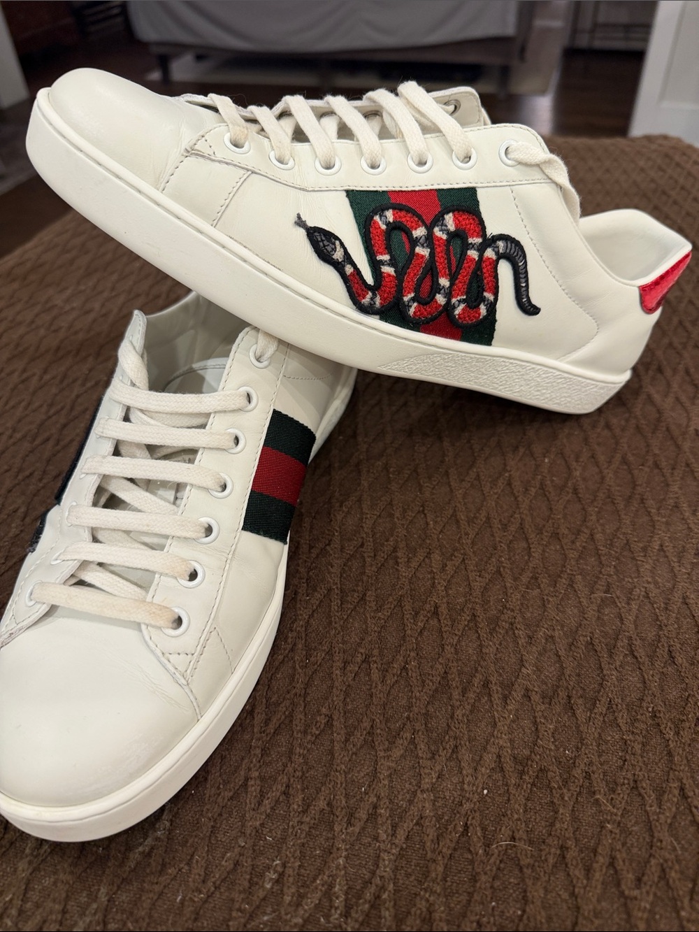 Gucci White Leather Sneakers with Red & Green with Embroidered Snake